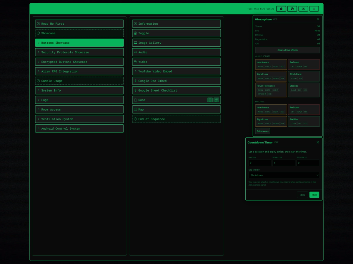 Diegetic Terminals button list with an atmosphere control panel and countdown timer open