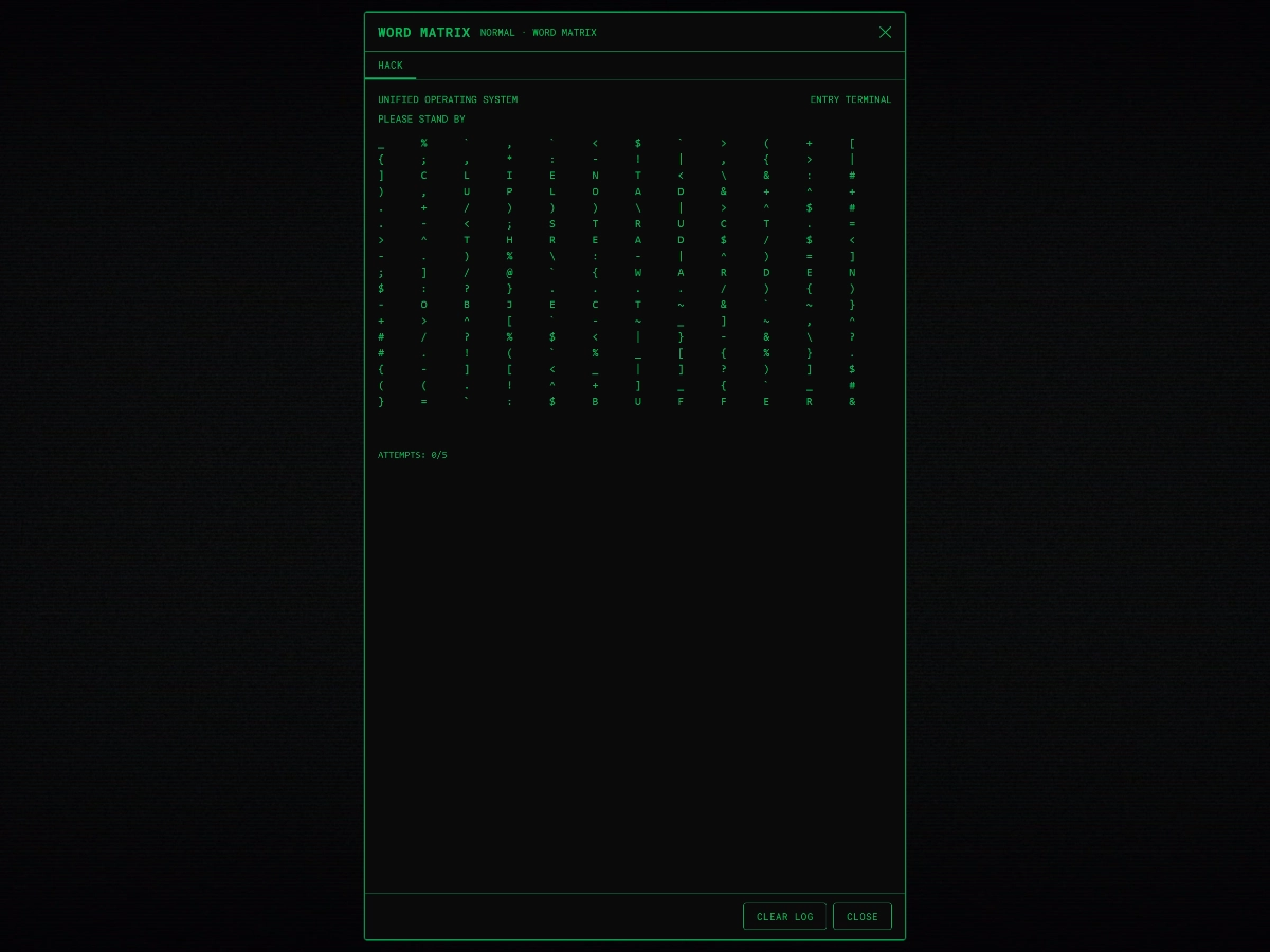Word Matrix hacking minigame with a grid of scrambled characters
