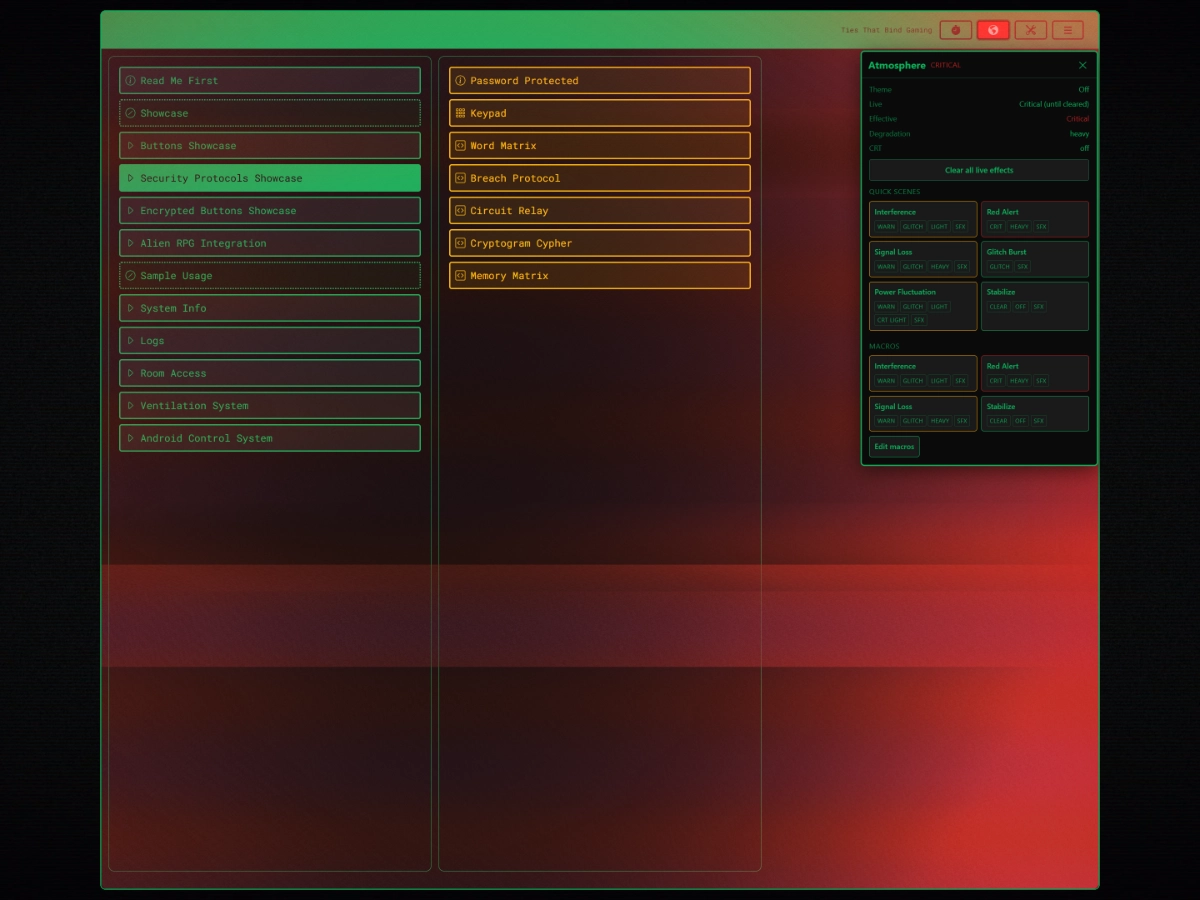 Security protocols menu under a critical red alarm atmosphere
