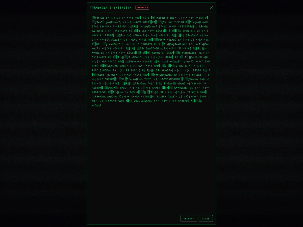Encrypted information modal showing scrambled text awaiting decryption
