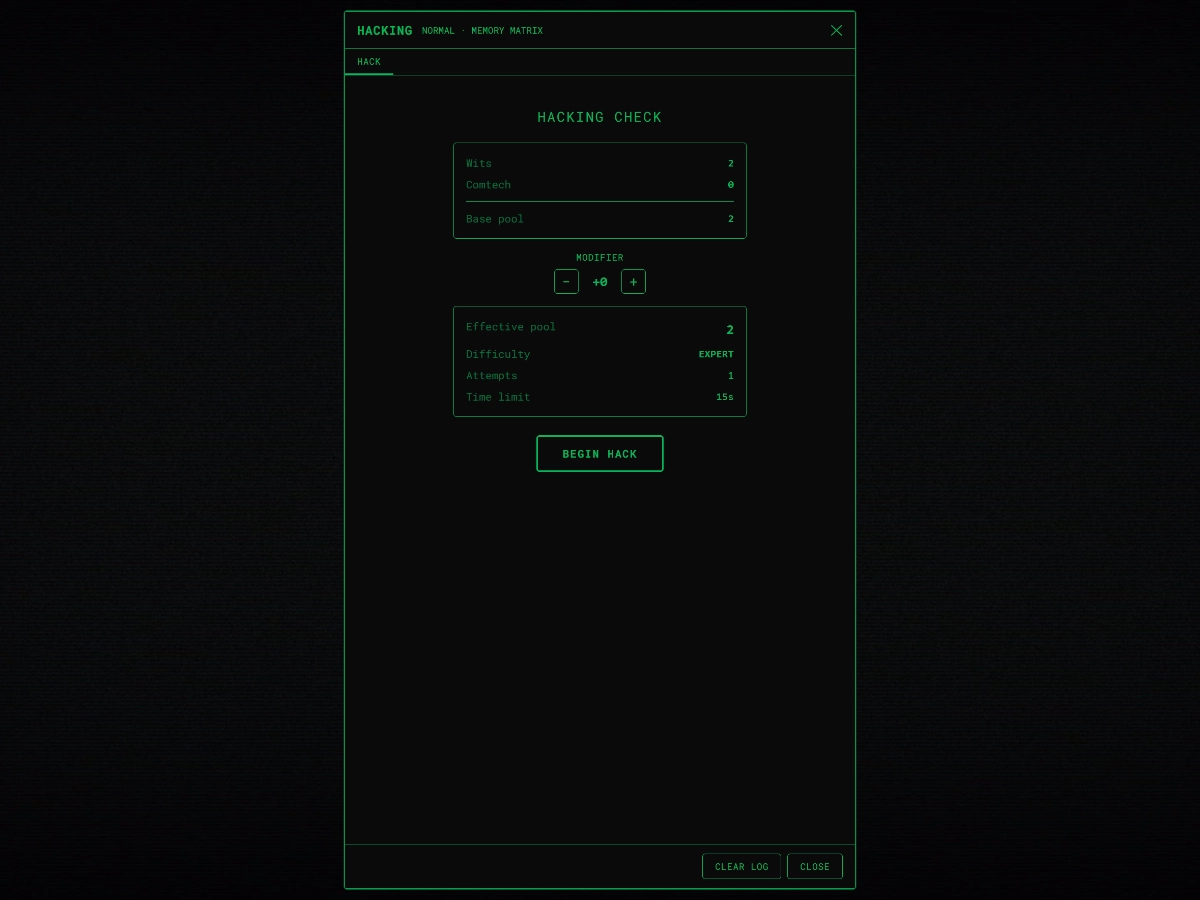 Hacking check modal showing Wits and Comtech stat pools before a roll